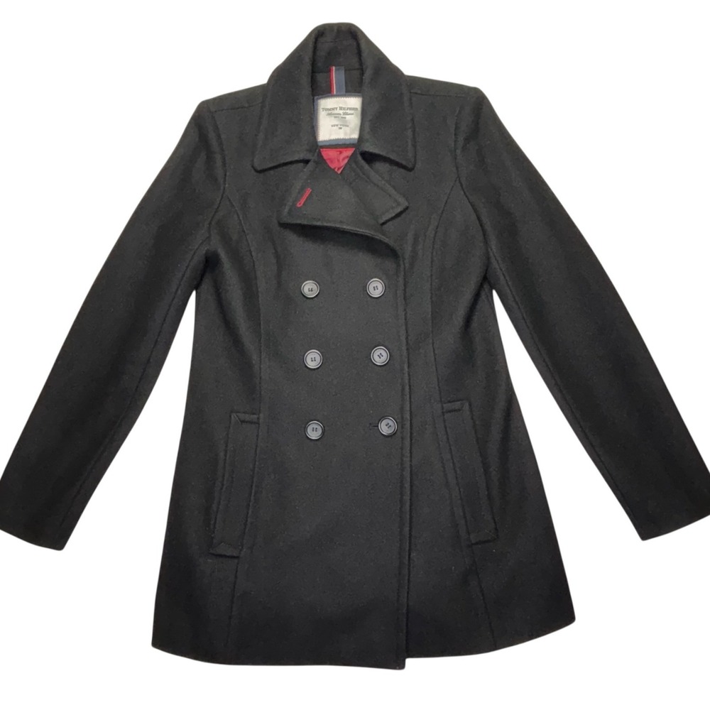Tommy Hilfiger Black Peacoat Womens S Classic‎ Double Breasted Wool Blend Coat